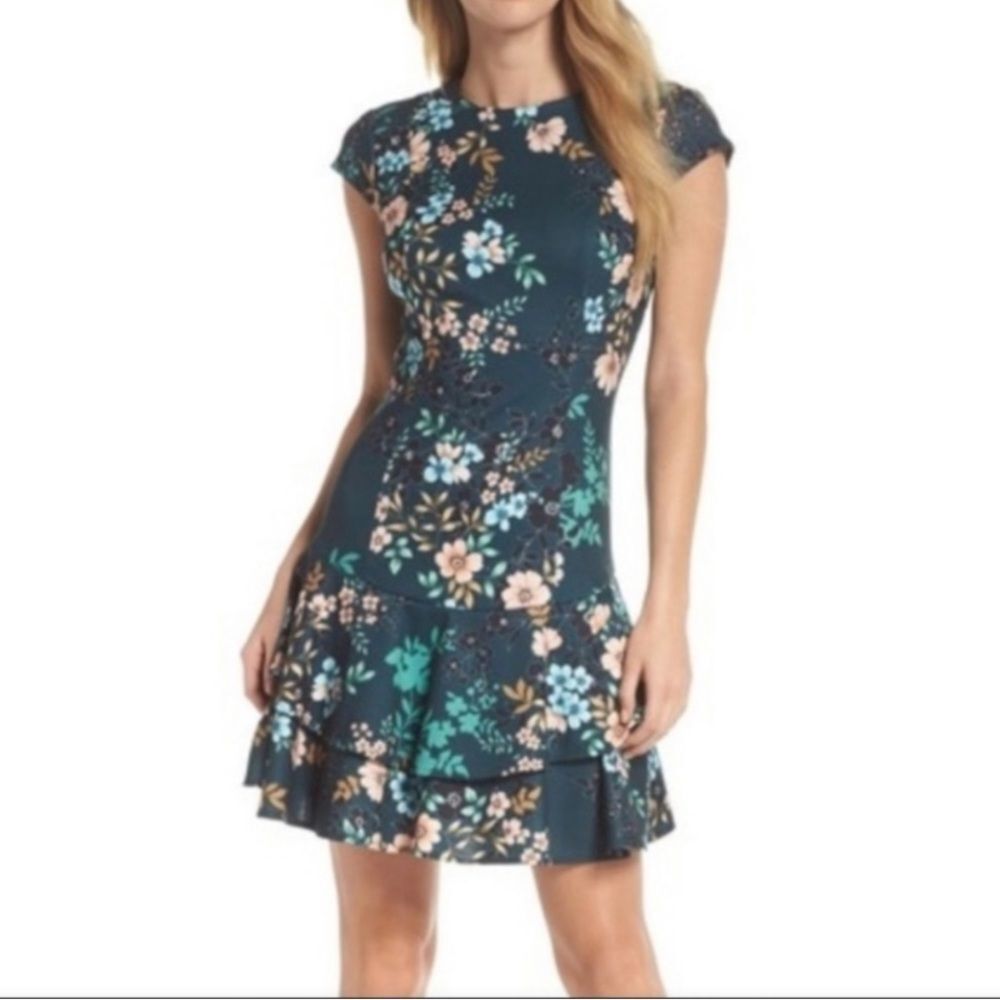 Eliza J Green Floral Fit and Flare Mini Dress Size 0